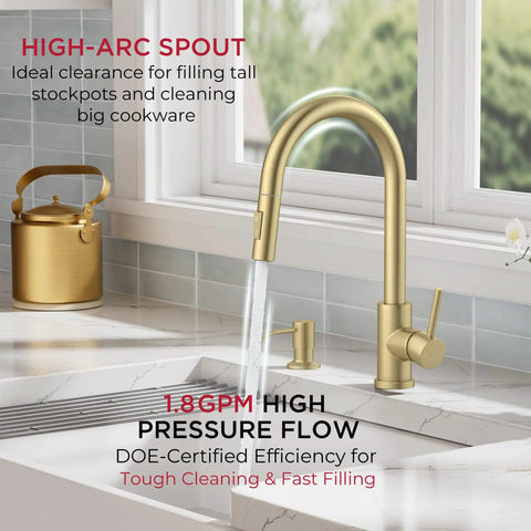 Slick Brushed Gold Kitchen Faucet With Pull Down Sprayer And Dual Spray Modes High Arc Spout Design for easy pot filling.