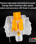 Close-up of factory-lubricated orange silent switch from Smooth Riding Mechanical Gaming Keyboard With Ultra Quiet Linear Switches.