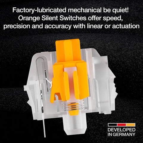 Close-up of factory-lubricated orange silent switch from Smooth Riding Mechanical Gaming Keyboard With Ultra Quiet Linear Switches.