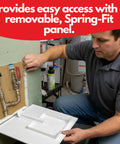 Man installing 8X8 Inch White Plastic Spring Fit Access Panel With Self Expanding Grippers For Drywall Holes for plumbing access.