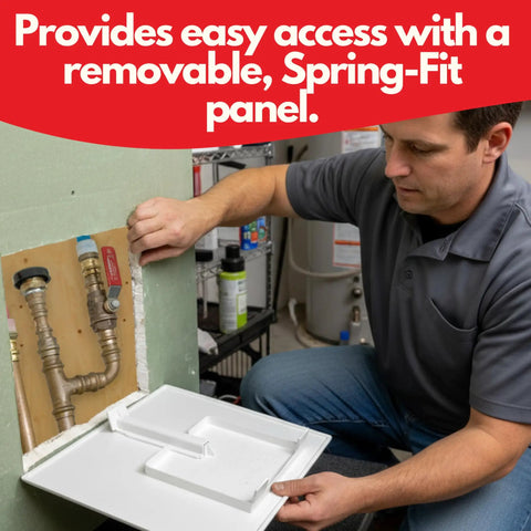 Man installing 8X8 Inch White Plastic Spring Fit Access Panel With Self Expanding Grippers For Drywall Holes for plumbing access.
