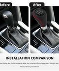Before and after installation of Leather 5 Speed Shift Knob With Four Adaptive Parts showing improved non-slip grip and style.