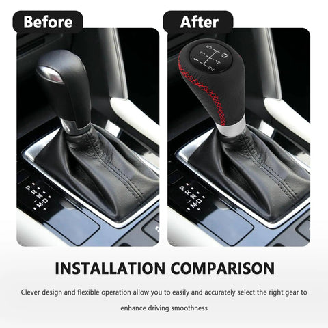 Before and after installation of Leather 5 Speed Shift Knob With Four Adaptive Parts showing improved non-slip grip and style.