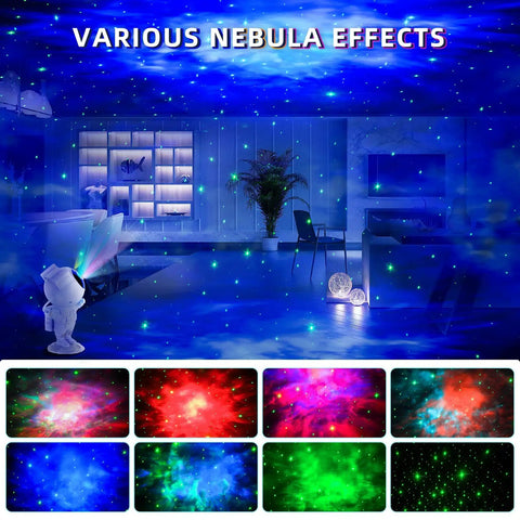 Astronaut Space Buddy Galaxy Projector Night Light with remote, showing colorful nebula projections in a room.
