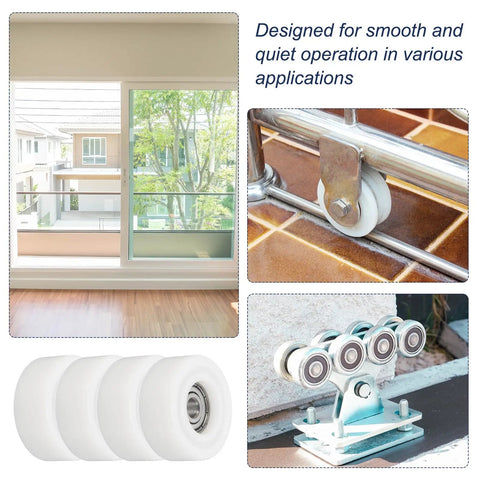 Pro Grade White Roller Idler Bearing Pulleys For Smooth Rolling Sliding Doors Heavy Duty Plastic Shells With Sealed Steel Bearings 4 Pack showing three pulleys with sealed bearings.