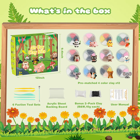 Air Dry Clay Kit For Kids With 12 Animal Figures Modeling Clay Set With Sculpting Tools And Tutorials displayed on box
