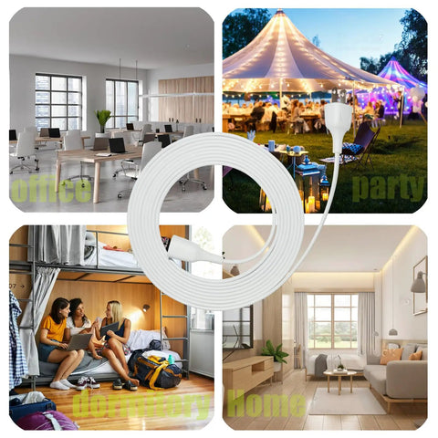 Ultra Slim Flat 10 Foot Extension Cord White Two Prong Indoor Outdoor Power Cable With Single Outlet Great For Christmas Lights Lamps Cameras And Household Appliances Model 002 1 Pack shown in various settings.