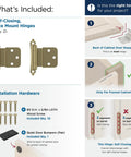 Killer Construction Self Closing Face Mount Hinges 3/8 Inch Inset Cabinet Door Hardware Smooth Operator Design Golden Champagne Finish For Faceframe Cabinet Doors Heavy Duty Pair with installation details and included components.