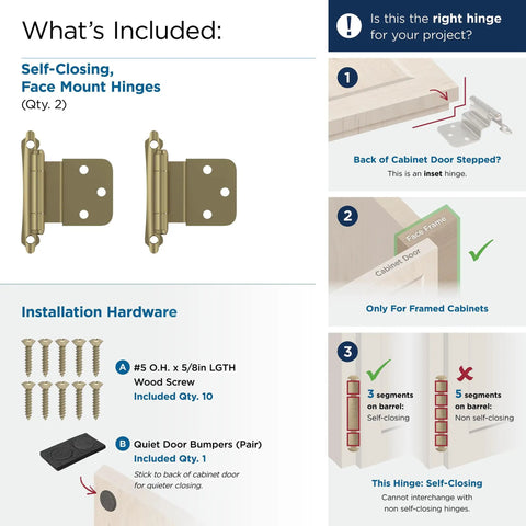 Killer Construction Self Closing Face Mount Hinges 3/8 Inch Inset Cabinet Door Hardware Smooth Operator Design Golden Champagne Finish For Faceframe Cabinet Doors Heavy Duty Pair with installation details and included components.
