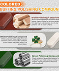 Three colored buffing polishing compounds, brown white green, from Pro Grade 4 Inch Metal Buffing And Polishing Kit for Drill.