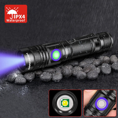 365nm UV Flashlight Blacklight 2 Pack USB Rechargeable Wood's Lamp in rain with lit beam and close-up details