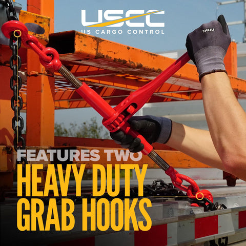 Hands using Heavy Duty Two Pack 5/16 Inch Grade 70 Ratchet Load Binders Workhorse Quality on flatbed trailer