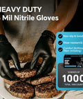 Nitrile gloves, black, XL, disposable, heavy-duty 6 mil; pair shown handling cookies.