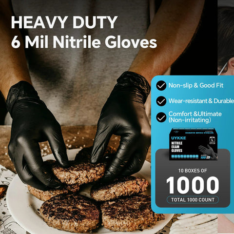 Nitrile gloves, black, XL, disposable, heavy-duty 6 mil; pair shown handling cookies.