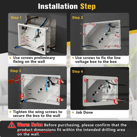 Installation steps for Pro Grade In Wall TV Box With Sleek Flange For Tidy Home Theater Wiring durable cord hider panel.