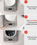 Step-by-step tare function use on Digital Kitchen Scale With Grams And Ounces For Weight Loss, Baking And Meal Prep, Stainless Steel