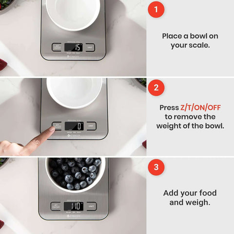 Step-by-step tare function use on Digital Kitchen Scale With Grams And Ounces For Weight Loss, Baking And Meal Prep, Stainless Steel