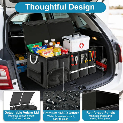 Heavy Duty Trunk Organizer With Waterproof 1680D Oxford Fabric Collapsible Storage System With Foldable Cover Reflective Strip Four Mesh Pockets Must Have For SUV Truck Sedan Road Trips And Camping in car trunk with tools and supplies