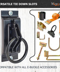 Heavy Duty 10 Pack E Track Tie Down Anchors Single Slot Anchor Points With Screws installed on wall with various accessories displayed.