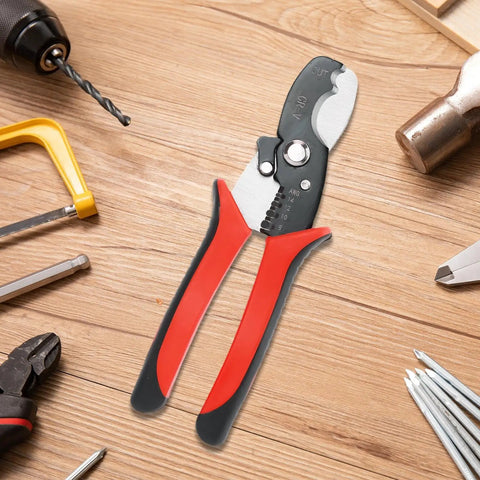 Top Shelf 8 Inch Electrical Wire Strippers And Cable Cutters Featuring Hardened Manganese Steel, red and black handle design on wood surface.
