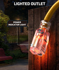 Outdoor GFCI Extension Cord 3 Ft Heavy Duty 12/3 SJTW With LED Indicator Light 3 Prong Plug 15A 125V 1875W Yellow UL Listed Weatherproof Electric Power Cord with illuminated plug in use outdoors at night.