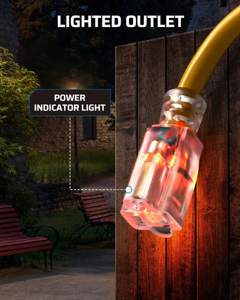 Outdoor GFCI Extension Cord 3 Ft Heavy Duty 12/3 SJTW With LED Indicator Light 3 Prong Plug 15A 125V 1875W Yellow UL Listed Weatherproof Electric Power Cord with illuminated plug in use outdoors at night.