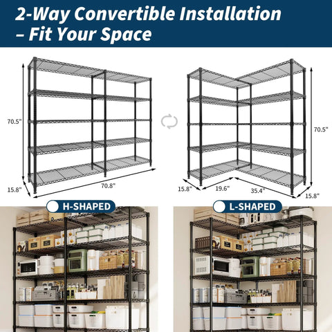 Legit Heavy Duty Five Tier Metal Storage Shelves Adjustable Industrial Steel Rack With Matte Black Rust Resistant Finish in H and L shapes.
