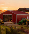 Heavy Duty Steel Garage 46 By 25 Feet With 15 Foot Walls And Reinforced Roof Tough As Nails Metal Outbuilding For Trucks Equipment Farm Storage 1150 Square Feet Reddish Brown with tractors and tools inside.