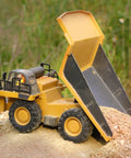 Remote Control Dump Truck Toy With Metal Bed And Lights And Sounds on dirt pile, tilting dump bed, for boys aged 6 to 10.