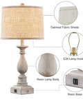 Set Of 2 Farmhouse Style Bedside Lamps With USB Ports, Resin Base, Linen Shade, 26.75 Inch Tall, Labelled Details