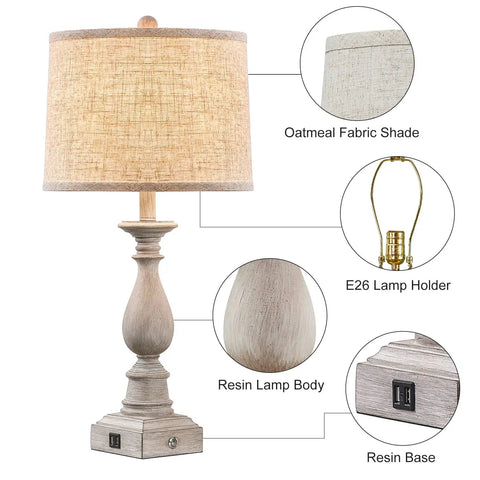 Set Of 2 Farmhouse Style Bedside Lamps With USB Ports, Resin Base, Linen Shade, 26.75 Inch Tall, Labelled Details