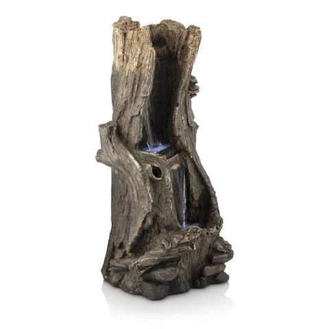 Outdoor Rainforest Waterfall Tree Trunk Floor Fountain with LED lights, tiered garden decor, 41 inch tall brown, plug in