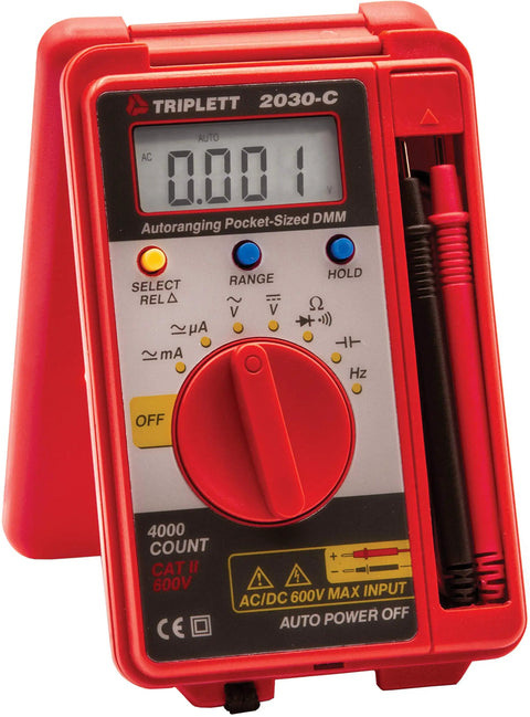 Red pocket sized 4000 count digital multimeter with auto range for AC DC voltage up to 600V, with leads, auto power off