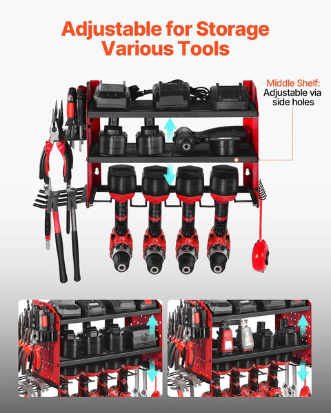 Wall Mounted Power Tool Organizer Three Tier Storage Rack With Four Drill Holders Side Pegboards And Hooks For Garage