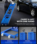 Person handling Beefy 7000-Lb Portable Car Lift With Auto Lock, Four-Post Heavy-Duty Design near a car; wheeled base and handles visible