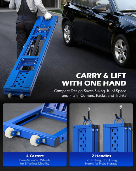 Person handling Beefy 7000-Lb Portable Car Lift With Auto Lock, Four-Post Heavy-Duty Design near a car; wheeled base and handles visible