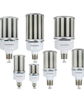 Assorted sizes of LED retrofit corn lamps with EX39 mogul base, showcasing different wattages.