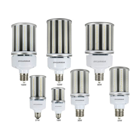 Assorted sizes of LED retrofit corn lamps with EX39 mogul base, showcasing different wattages.