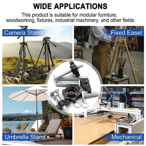 Wide applications of T Track Knob Kit Set for woodworking jigs in various settings such as camera stand, easel, umbrella, and machinery.