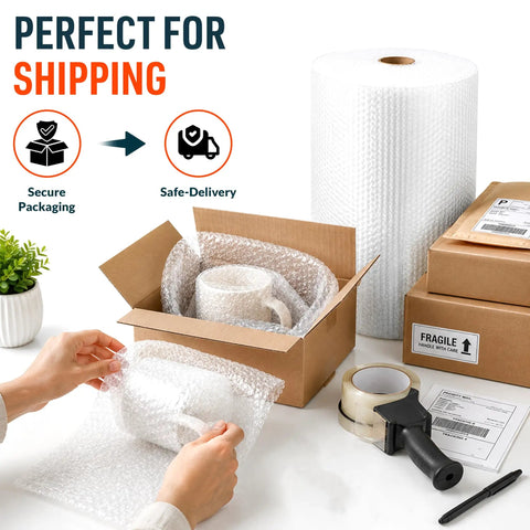 Image of 2 Pack Bubble Roll Wrap 100 Ft By 12 In Clear With Three Sixteenth Inch Small Bubbles used for packing a ceramic mug in a box.