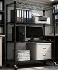 Heavy Duty 4 Tier Metal Storage Shelving Unit With Wheels For Garage Pantry Kitchen Basement Black, 1400 Lbs Total Capacity, 47.2 Inches Wide, 62.7 Inches High, 17.7 Inches Deep, Adjustable Wire Shelves in office with printer and files