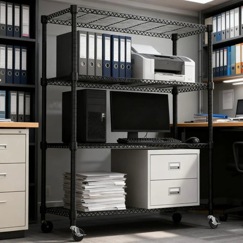 Heavy Duty 4 Tier Metal Storage Shelving Unit With Wheels For Garage Pantry Kitchen Basement Black, 1400 Lbs Total Capacity, 47.2 Inches Wide, 62.7 Inches High, 17.7 Inches Deep, Adjustable Wire Shelves in office with printer and files