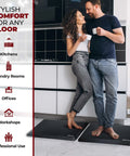 Couple standing on Thick Three Quarter Inch Anti Fatigue Mat For Kitchen And Office Waterproof Floor Mat With Non Slip Grip 32.5 Inch By 20 Inch Heavy Duty PVC Ergonomic Foam Brown Leather Look for home.