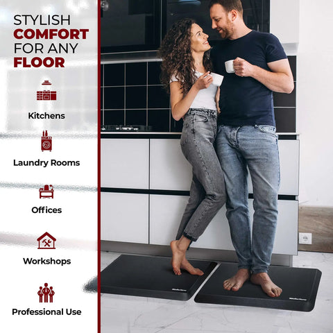 Couple standing on Thick Three Quarter Inch Anti Fatigue Mat For Kitchen And Office Waterproof Floor Mat With Non Slip Grip 32.5 Inch By 20 Inch Heavy Duty PVC Ergonomic Foam Brown Leather Look for home.