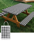 Waterproof 6 Foot Table Cover With Bench Covers And Storage Bag Elastic Fitted Picnic Tablecloth for camping, black and white