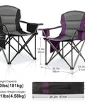Two Oversized Padded Camping Chairs 2 Pack For Adults, Heavy Duty Support Up To 400 Lbs, with cup holders, purple and black.