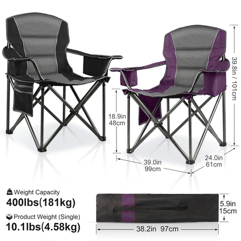 Two Oversized Padded Camping Chairs 2 Pack For Adults, Heavy Duty Support Up To 400 Lbs, with cup holders, purple and black.