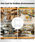 Heavy Duty Wire Carton Cart Rolls Smooth As Butter With Two Sturdy Shelves For Packing Stations displayed in various environments.