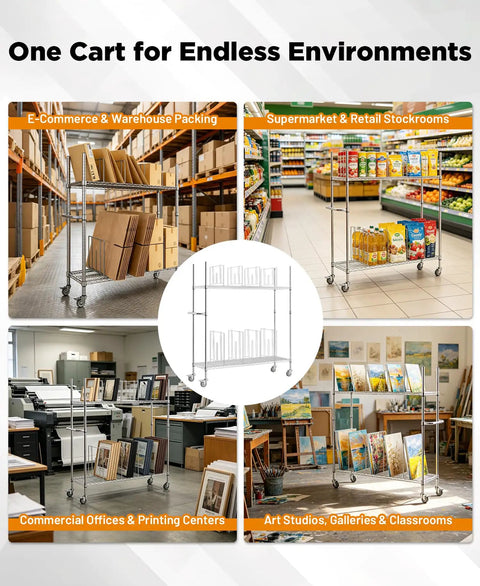 Heavy Duty Wire Carton Cart Rolls Smooth As Butter With Two Sturdy Shelves For Packing Stations displayed in various environments.