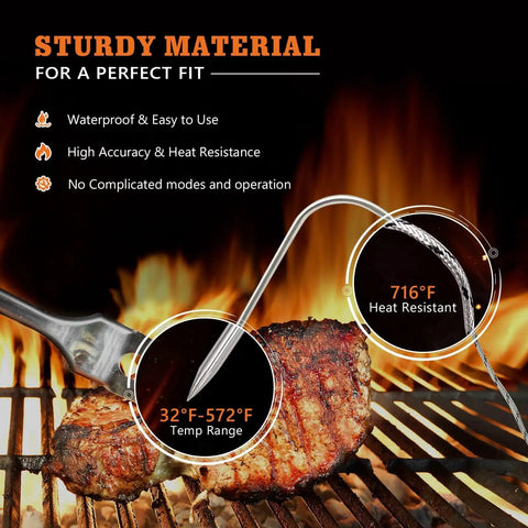 Replacement Waterproof Meat Probes Set Of 2 3.5mm Plug Digital Thermostat Probes showing heat resistance on a BBQ grill